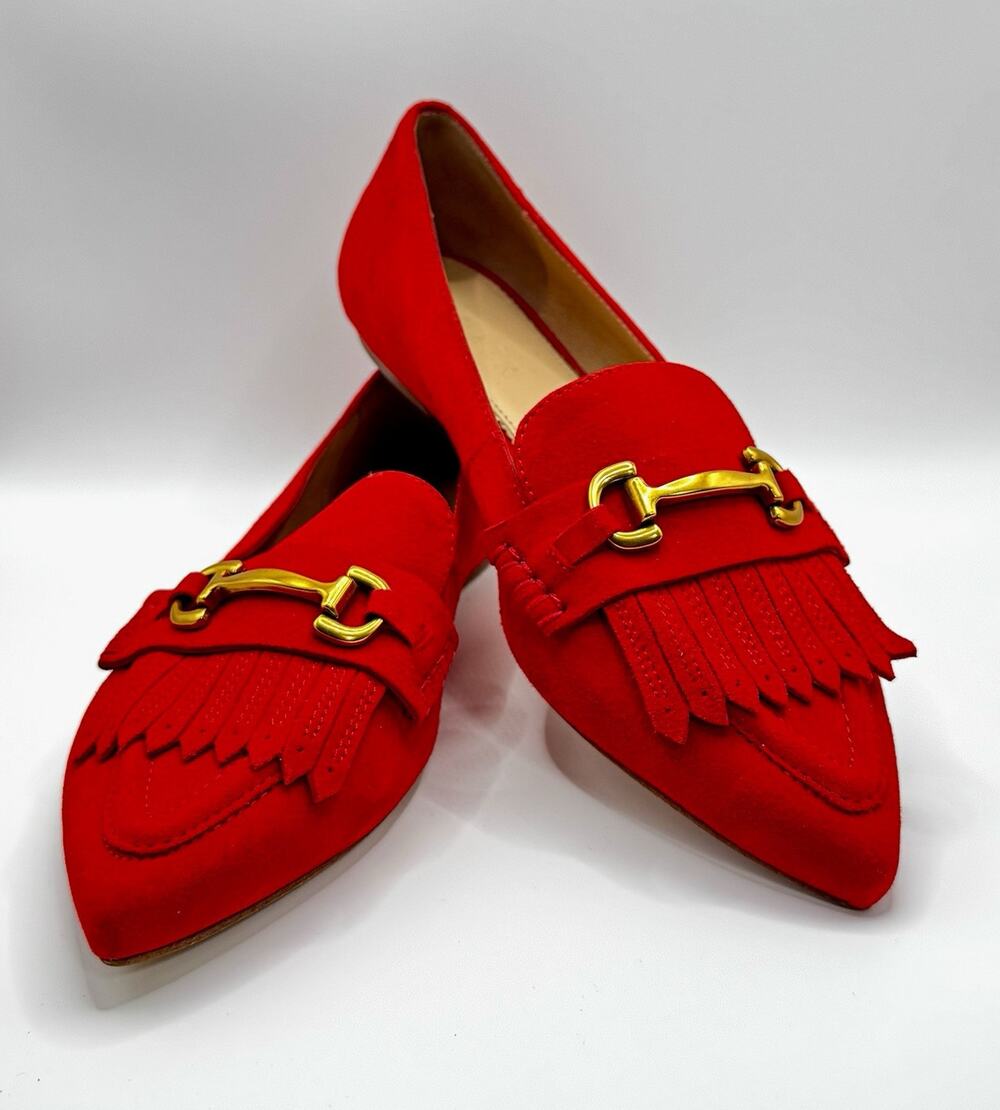 Boden Red Suede Iris Ghillie Horsebit Fringe Loafers Pointed Toe US Size 6.5